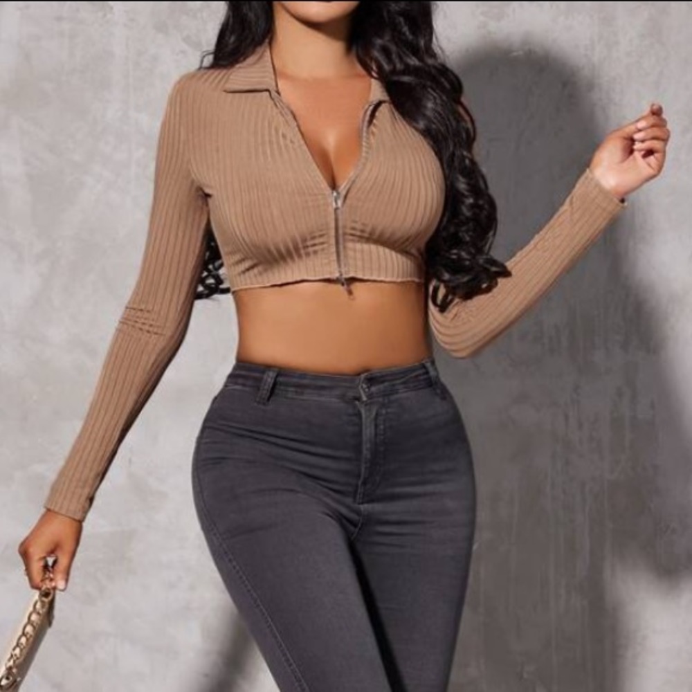 Brown Cropped Zip Up Top